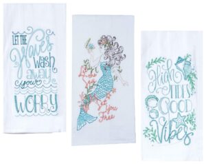 mermaid themed kitchen dish towels set with sayings | mermaids, seashell, starfish print | 2 flour sack and 1 terry cotton towels for dishes and hand drying