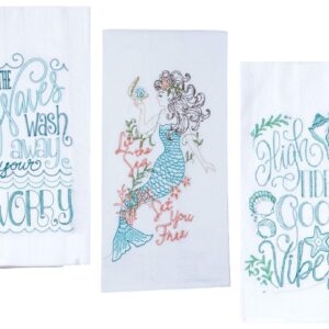 Mermaid Themed Kitchen Dish Towels Set with Sayings | Mermaids, Seashell, Starfish Print | 2 Flour Sack and 1 Terry Cotton Towels for Dishes and Hand Drying