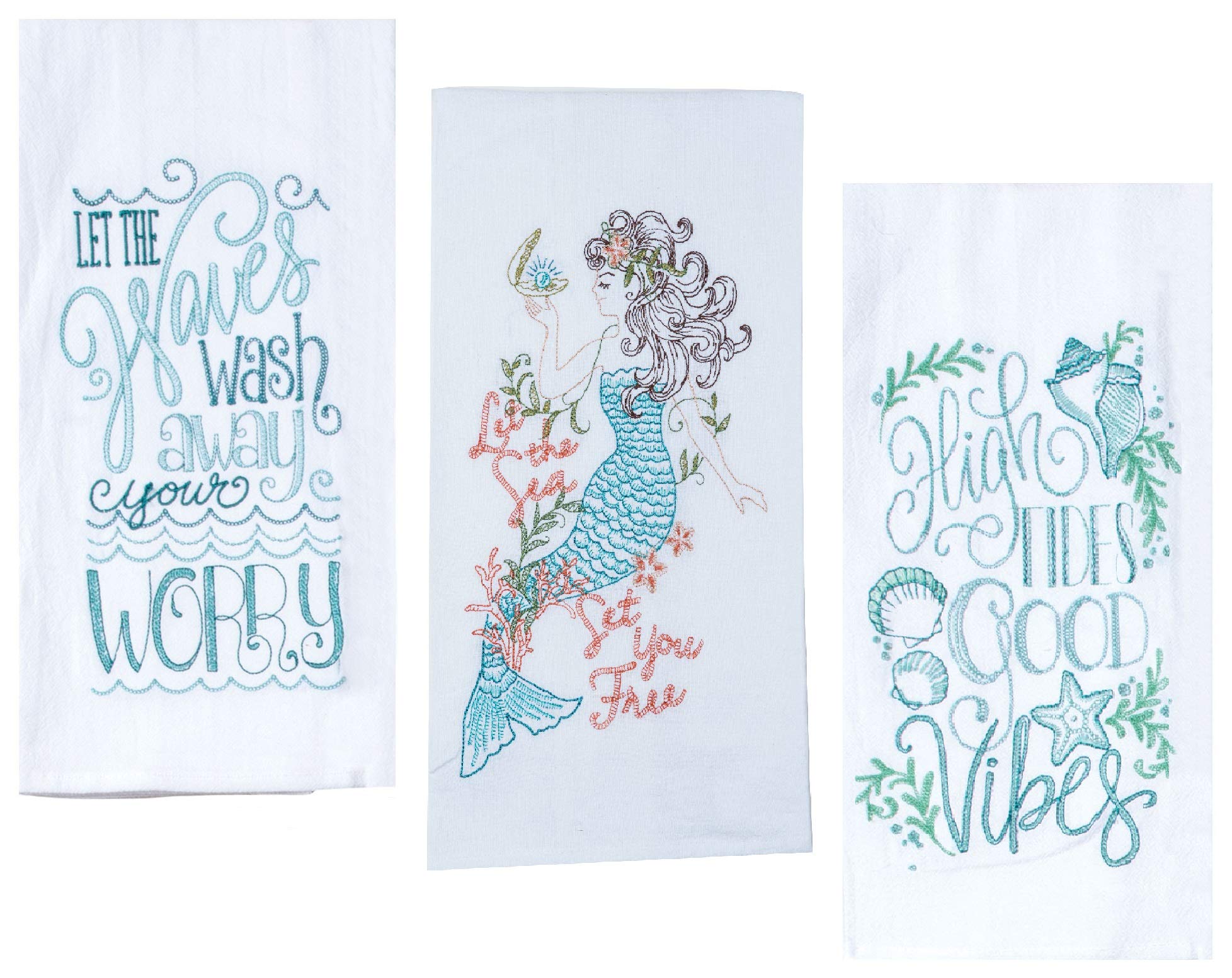 Mermaid Themed Kitchen Dish Towels Set with Sayings | Mermaids, Seashell, Starfish Print | 2 Flour Sack and 1 Terry Cotton Towels for Dishes and Hand Drying