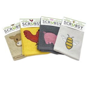 mu kitchen scrubsy dish cloth set with built in scrubber, set of 4, farm animals