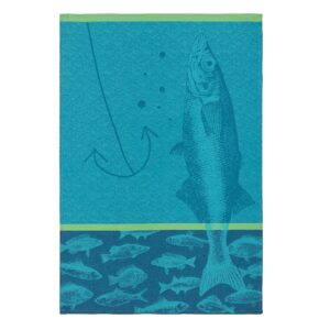 coucke french cotton jacquard towel, poissons bleu, 20-inches by 30-inches, turquoise