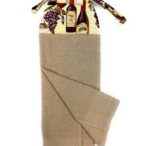 Wine Bottles Glasses and Grapes Ties On Stays Put Tan Kitchen Bathroom Hanging Loop Hand Dish Towel She Who Sews