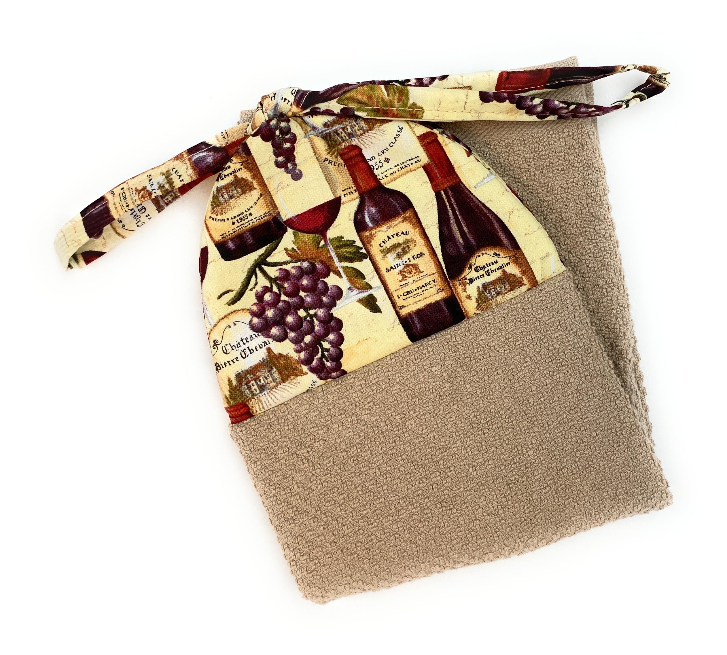 Wine Bottles Glasses and Grapes Ties On Stays Put Tan Kitchen Bathroom Hanging Loop Hand Dish Towel She Who Sews