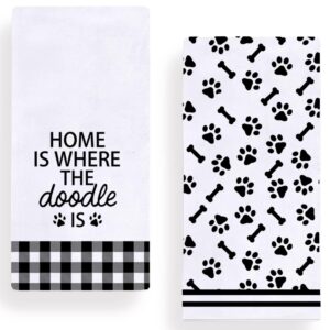 home is where the doodle is kitchen dish towels 18 x 28 inch set of 2,dog paw farmhouse towels dish cloth for cooking baking