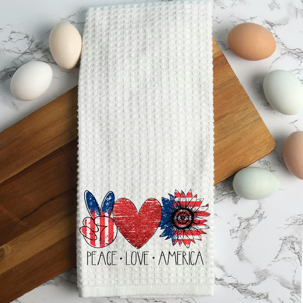 Peace Love America Towel Waffle Weave Kitchen Towel, bar Towel ,Summer Celebration, Red White and Blue, Housewarming Gift, Hostess Gift, for Mom Sister Grandmother Aunt Friend (16x24)