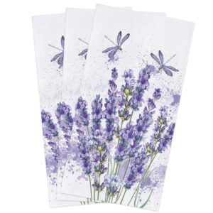 big buy store lavender dragonfly flower kitchen dish towels set of 3, soft lightweight microfiber absorbent hand towel purple plant tea towel for kitchen bathroom 18x28in