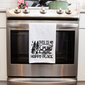 Handmade Funny Camping Kitchen Towel - 100% Cotton Funny Sayings Dish Towel for RV Camping Accessories- 28x28 Inch Perfect for Housewarming-Christmas-Camping Gifts (This is My Happy Place)