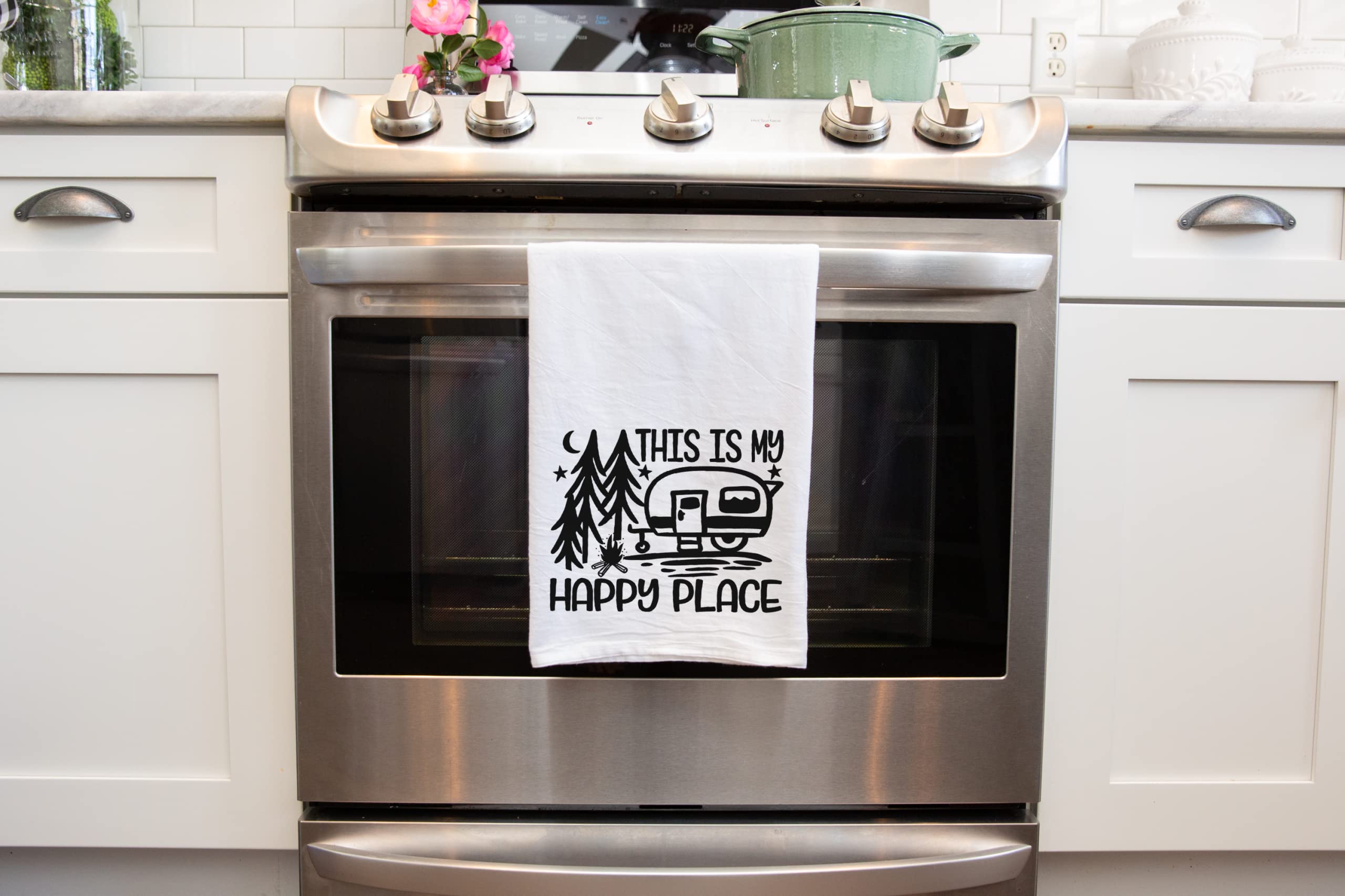 Handmade Funny Camping Kitchen Towel - 100% Cotton Funny Sayings Dish Towel for RV Camping Accessories- 28x28 Inch Perfect for Housewarming-Christmas-Camping Gifts (This is My Happy Place)