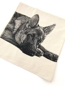 german shepherd tea towel in black - hand printed flour sack tea towel, dish towel, kitchen towel