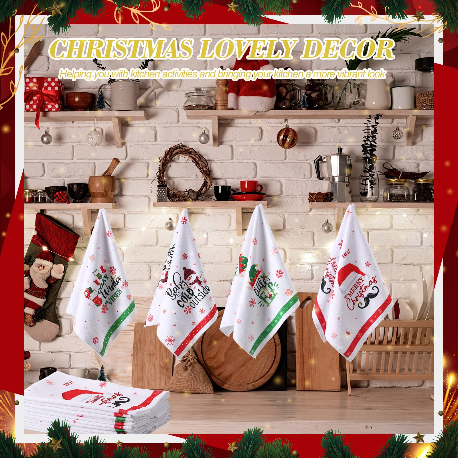 6 Pieces Christmas Hand Towels, Christmas Towels for Kitchen Towels Farmhouse Christmas Dishtowels Holiday Tea Towels for Bathroom Xmas Home Gift 16 x 24 Inch (Lovely)