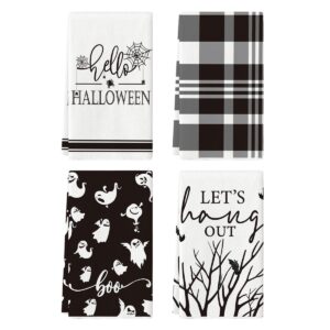 artoid mode buffalo plaid ghosts boo bats let's hang out hello halloween kitchen towels dish towels, 18x26 inch seasonal decor hand towels set of 4