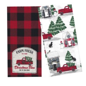 st. nicholas square kitchen hand towels, set of 2, farm fresh christmas trees appliqued embroidery red truck, red and black buffalo plaid flat cotton dishtowels for home decorating