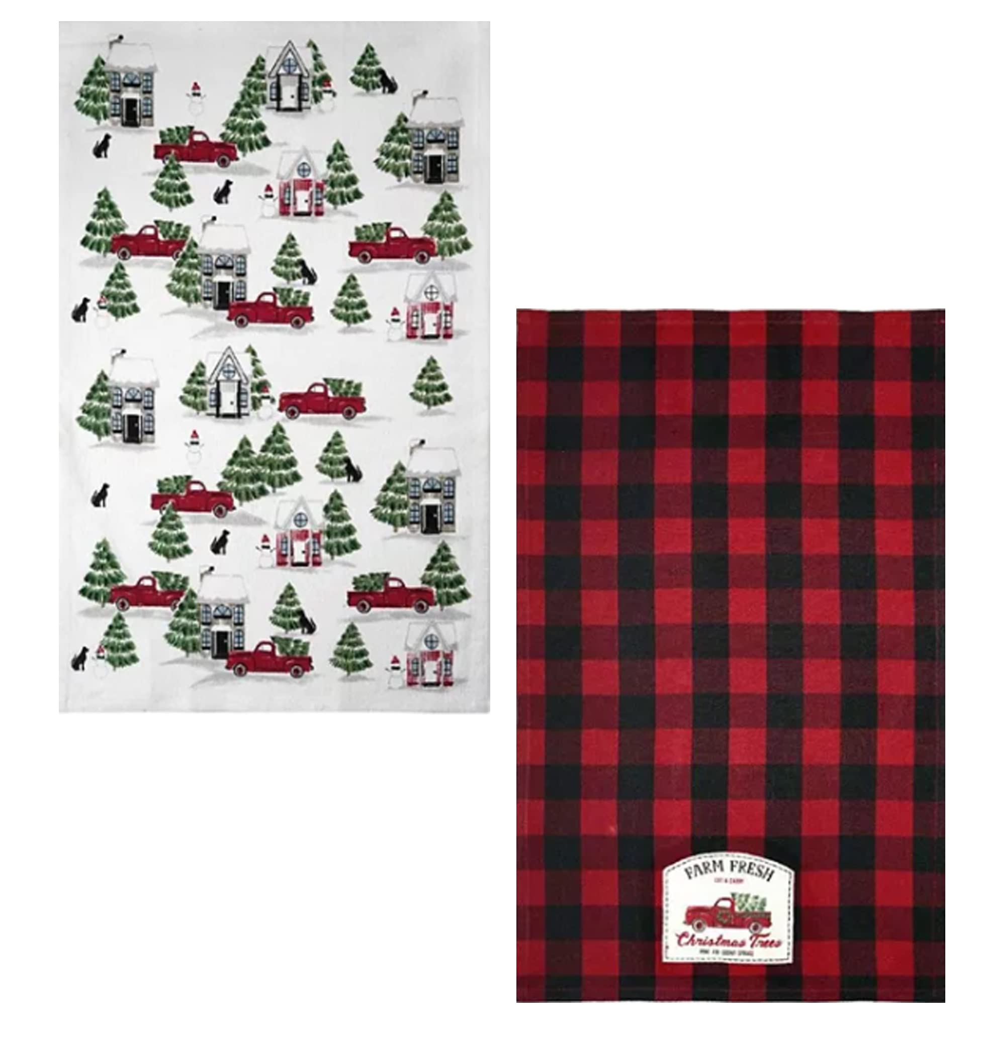 St. Nicholas Square Kitchen Hand Towels, Set of 2, Farm Fresh Christmas Trees Appliqued Embroidery Red Truck, Red and Black Buffalo Plaid Flat Cotton Dishtowels for Home Decorating