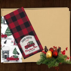 St. Nicholas Square Kitchen Hand Towels, Set of 2, Farm Fresh Christmas Trees Appliqued Embroidery Red Truck, Red and Black Buffalo Plaid Flat Cotton Dishtowels for Home Decorating