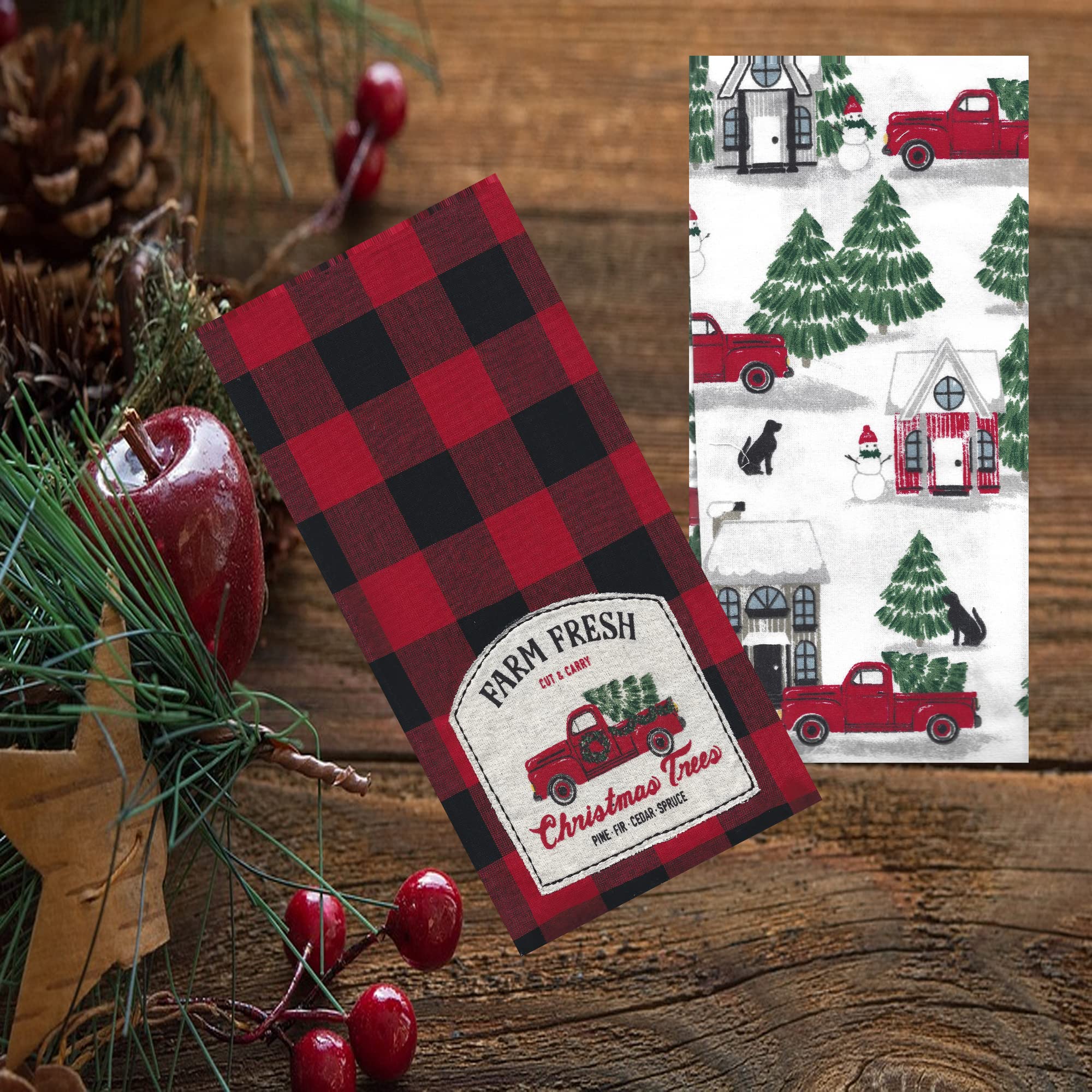 St. Nicholas Square Kitchen Hand Towels, Set of 2, Farm Fresh Christmas Trees Appliqued Embroidery Red Truck, Red and Black Buffalo Plaid Flat Cotton Dishtowels for Home Decorating