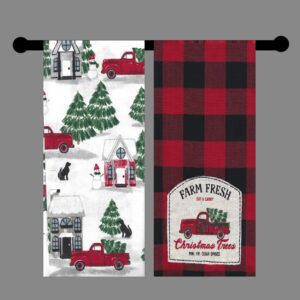 St. Nicholas Square Kitchen Hand Towels, Set of 2, Farm Fresh Christmas Trees Appliqued Embroidery Red Truck, Red and Black Buffalo Plaid Flat Cotton Dishtowels for Home Decorating