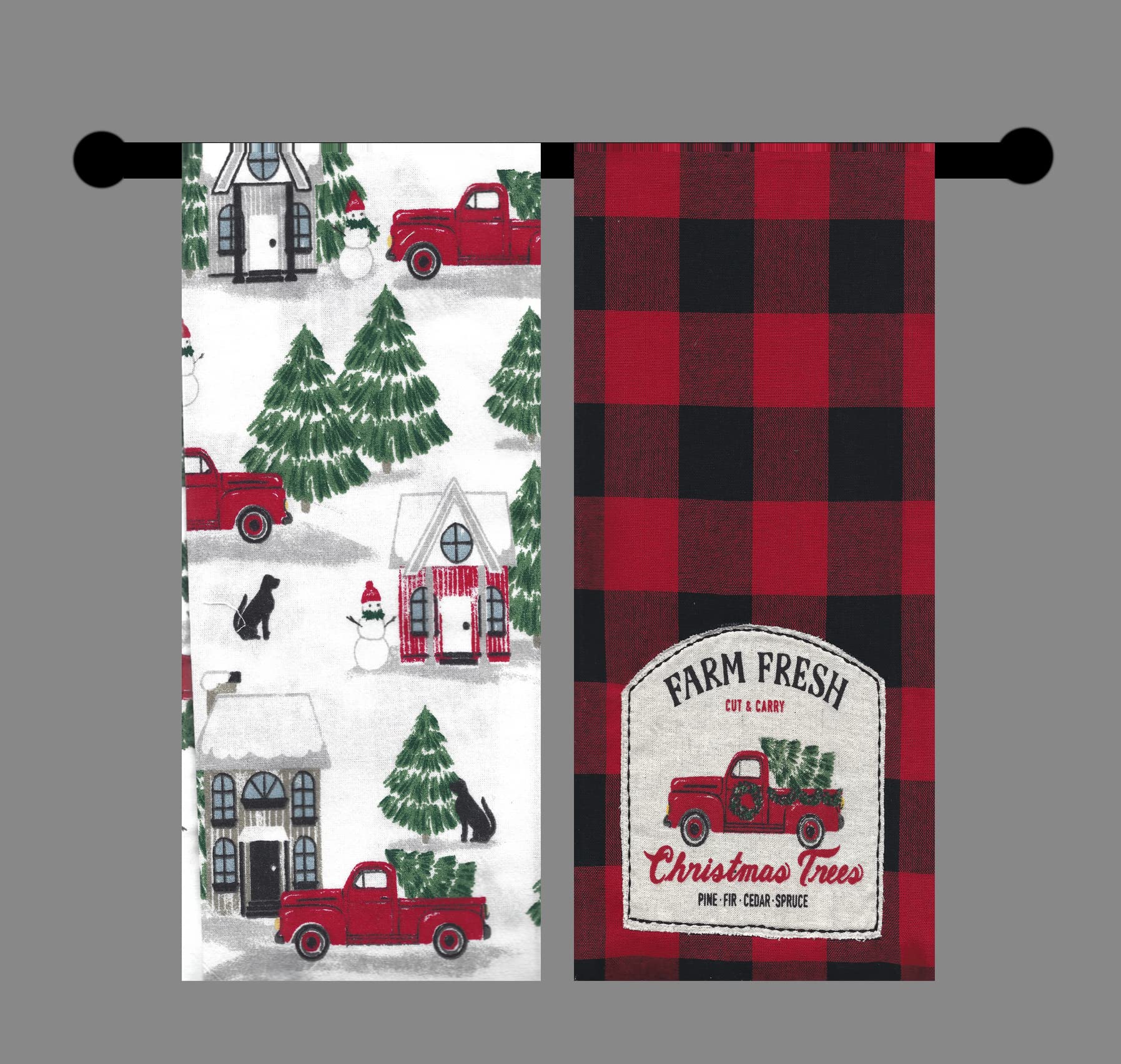 St. Nicholas Square Kitchen Hand Towels, Set of 2, Farm Fresh Christmas Trees Appliqued Embroidery Red Truck, Red and Black Buffalo Plaid Flat Cotton Dishtowels for Home Decorating