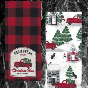 St. Nicholas Square Kitchen Hand Towels, Set of 2, Farm Fresh Christmas Trees Appliqued Embroidery Red Truck, Red and Black Buffalo Plaid Flat Cotton Dishtowels for Home Decorating