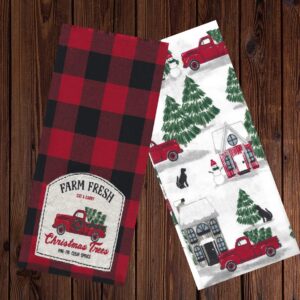 St. Nicholas Square Kitchen Hand Towels, Set of 2, Farm Fresh Christmas Trees Appliqued Embroidery Red Truck, Red and Black Buffalo Plaid Flat Cotton Dishtowels for Home Decorating