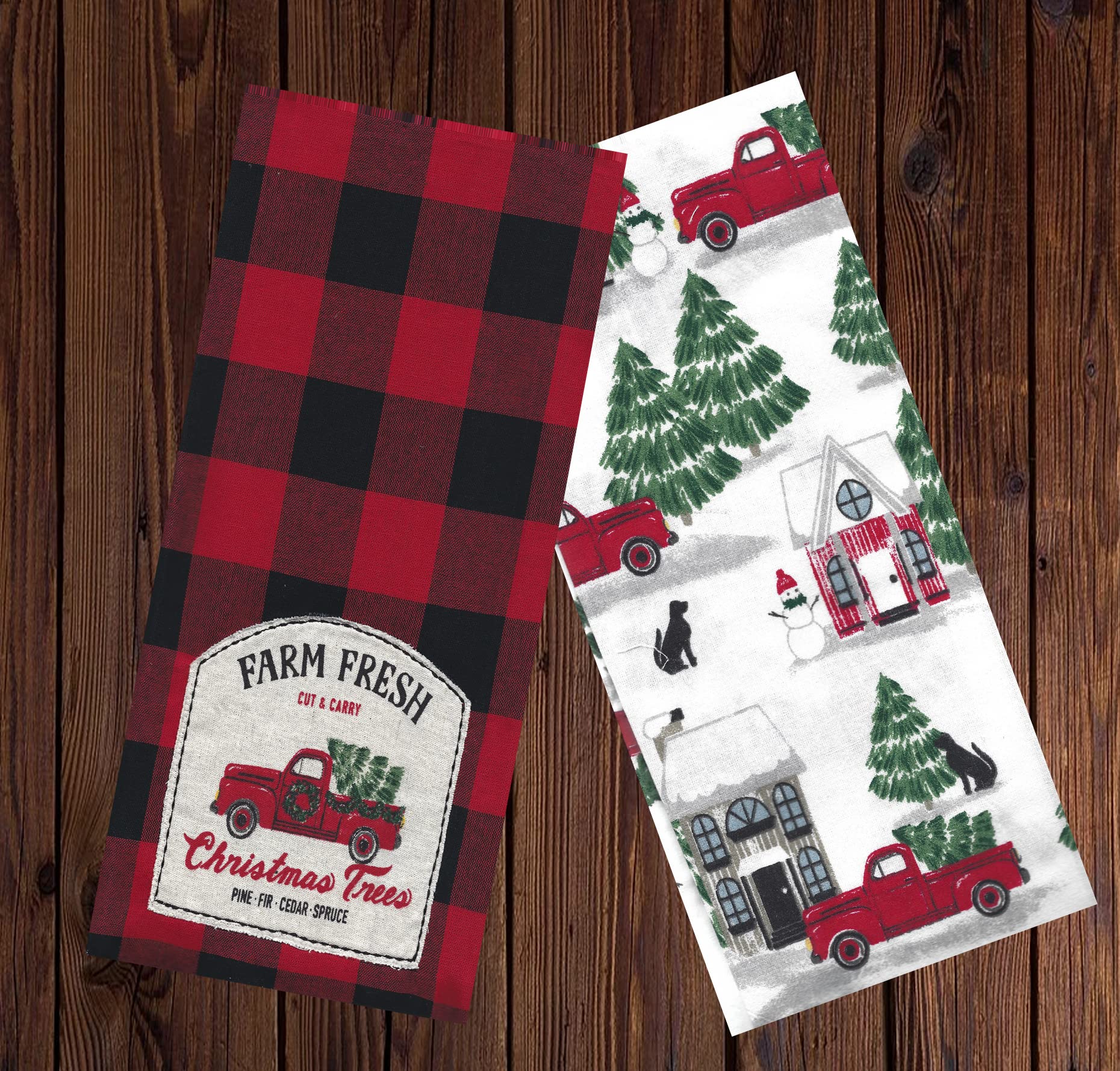 St. Nicholas Square Kitchen Hand Towels, Set of 2, Farm Fresh Christmas Trees Appliqued Embroidery Red Truck, Red and Black Buffalo Plaid Flat Cotton Dishtowels for Home Decorating