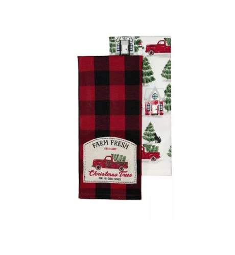 St. Nicholas Square Kitchen Hand Towels, Set of 2, Farm Fresh Christmas Trees Appliqued Embroidery Red Truck, Red and Black Buffalo Plaid Flat Cotton Dishtowels for Home Decorating