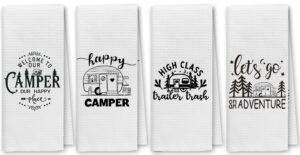 dibor happy camper funny camping kitchen towels dish towels dishcloth set of 4,campsite cabin rv decorative absorbent drying cloth hand towels tea towels for bathroom kitchen,campers gifts