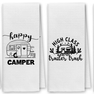 Dibor Happy Camper Funny Camping Kitchen Towels Dish Towels Dishcloth Set of 4,Campsite Cabin RV Decorative Absorbent Drying Cloth Hand Towels Tea Towels for Bathroom Kitchen,Campers Gifts