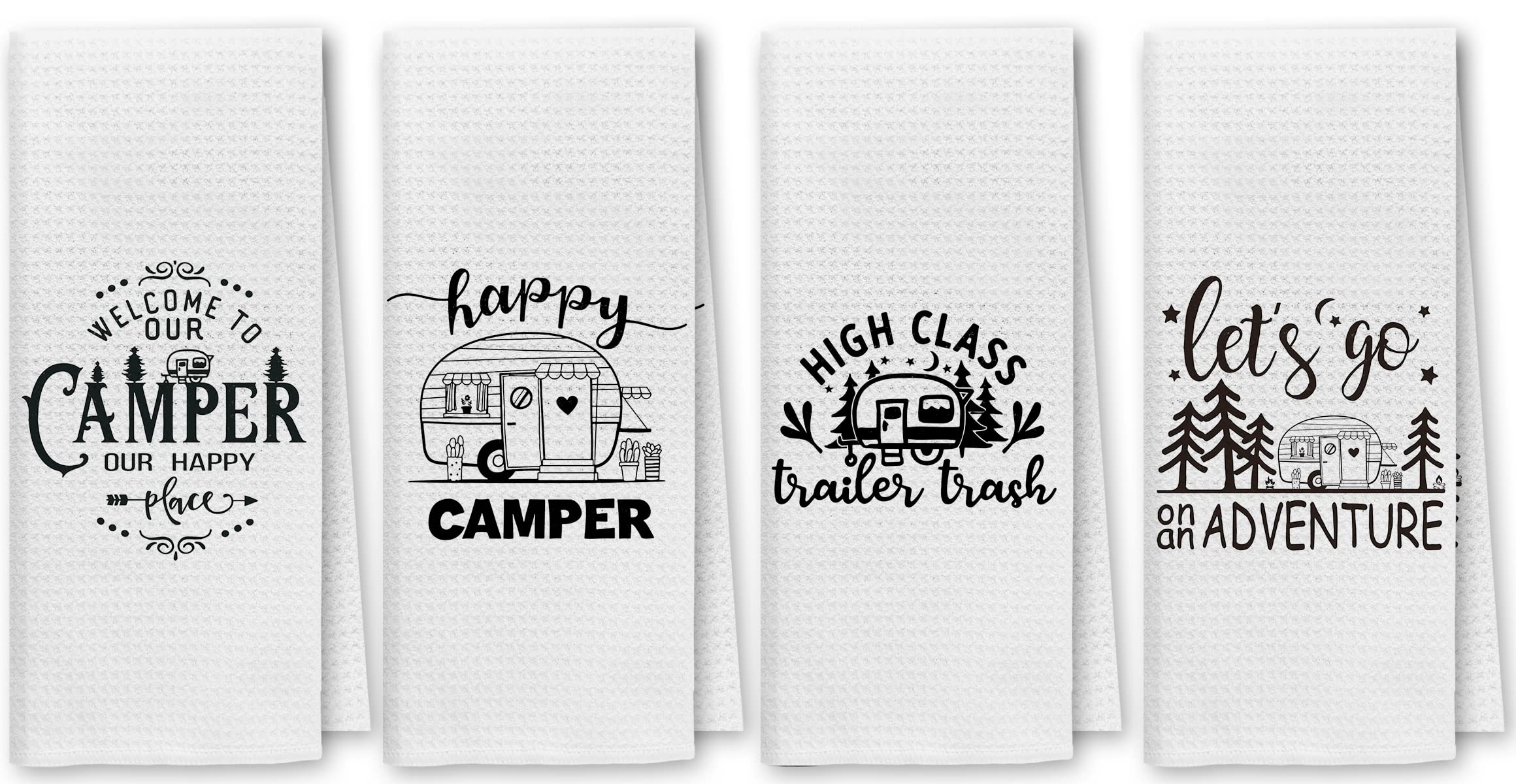 Dibor Happy Camper Funny Camping Kitchen Towels Dish Towels Dishcloth Set of 4,Campsite Cabin RV Decorative Absorbent Drying Cloth Hand Towels Tea Towels for Bathroom Kitchen,Campers Gifts