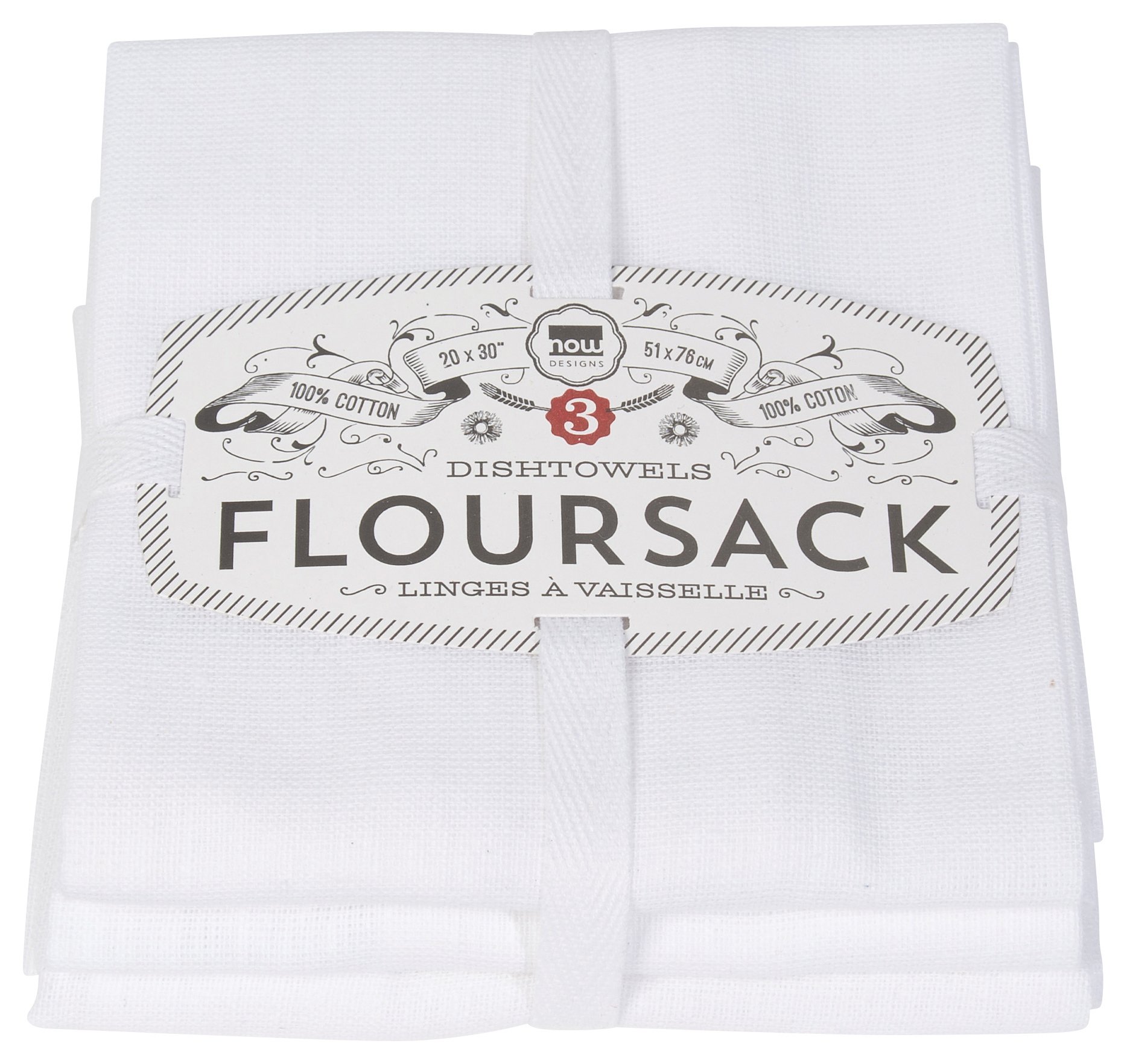 Now Designs Classic Floursack Kitchen Towels, Set of Three, White