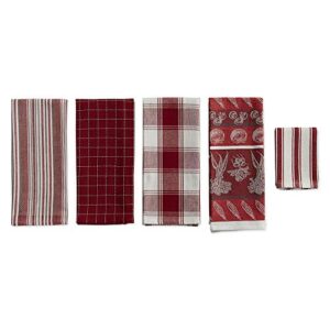 DII Assorted Pattern, Kitchen Collection, Dishtowels & Dishcloth, Garnet, 5 Piece