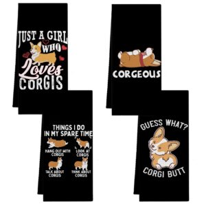 cute corgi kitchen towels and dishcloths set of 4,just a girl who loves corgis decorative dish towels hand towels tea towels,corgi gift for corgi lovers,housewarming gifts,dog lovers dog mom gifts,