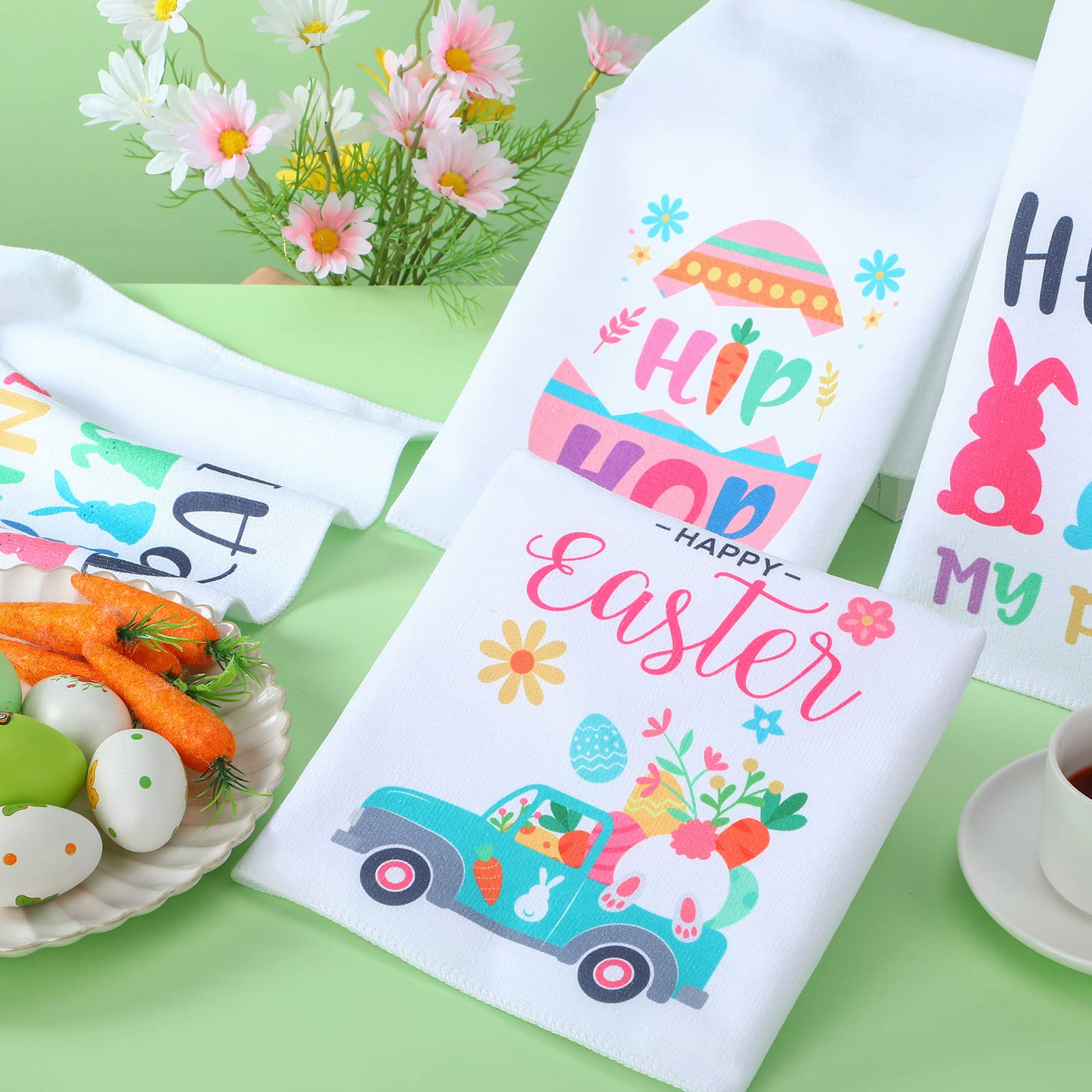 Rtteri 4 Pieces Bunny Trail Kitchen Towels for Easter Decor 16 x 26 Inch Hip Hop Hand Towels Spring Hello My Dish Towels Happy Easter Decorative Hand Drying Cloth for Kitchen Bathroom Gifts