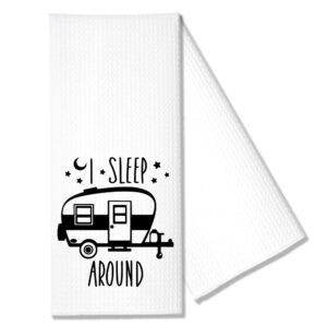hafhue i sleep around kitchen towel, funny camping kitchen towel gifts for women sisters friends mom aunts, housewarming gift for women hostess, new home gift for women, camping gifts