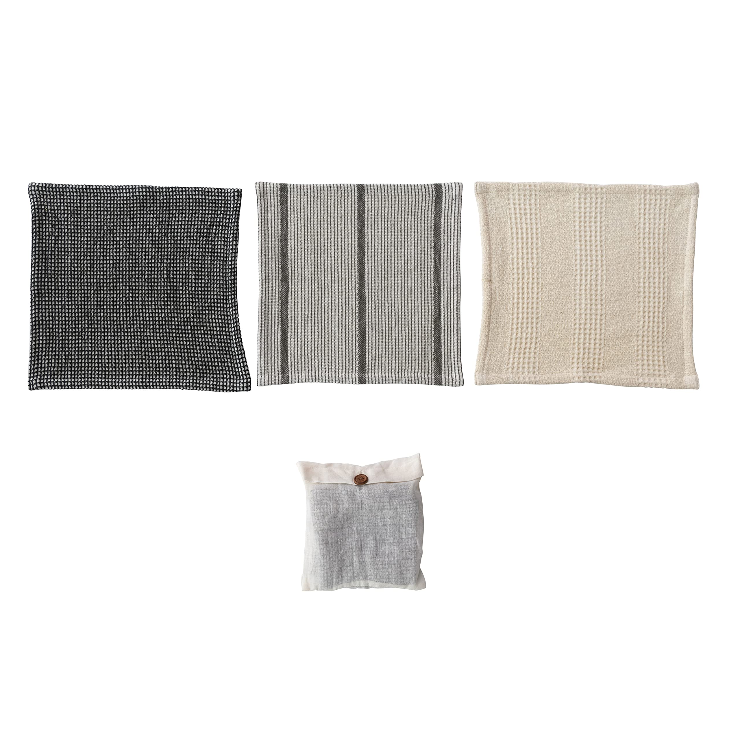 Creative Co-Op Cotton Waffle Weave Dish Cloths with Loop, Black, Grey, and Natural, Set of 3 in Bag, 11" L x 11" W x 0" H