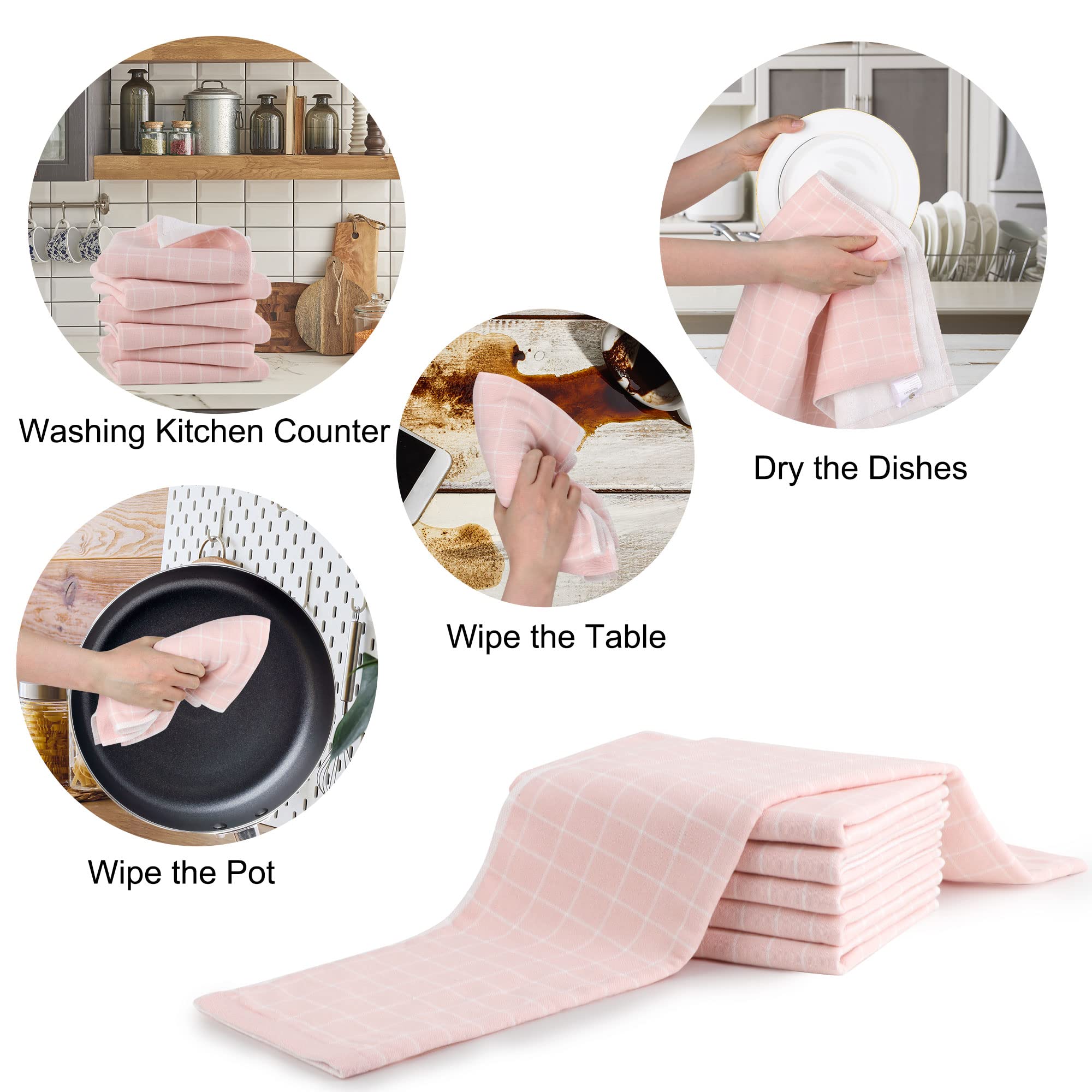 PiccoCasa 100% Cotton Terry Kitchen Towels Set of 6 Plaid Pattern (13 x 29 Inch) Soft Absorbent Drying Dish Towels for Kitchen Cooking - Pink