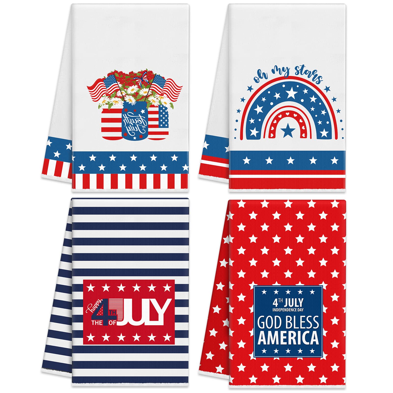 American Flag Stars Stripes Kitchen Dish Towels 15.8 x 23.6 Inch 4th of July Patriotic Dishcloth Red Blue White Tea Towel Decorative Hand Towel for Bathroom Baking Independence Day Gift Set of 4