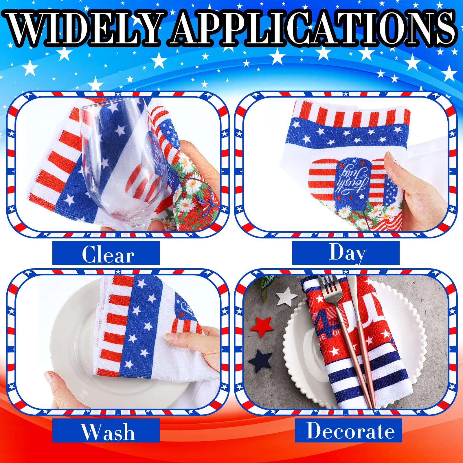 American Flag Stars Stripes Kitchen Dish Towels 15.8 x 23.6 Inch 4th of July Patriotic Dishcloth Red Blue White Tea Towel Decorative Hand Towel for Bathroom Baking Independence Day Gift Set of 4