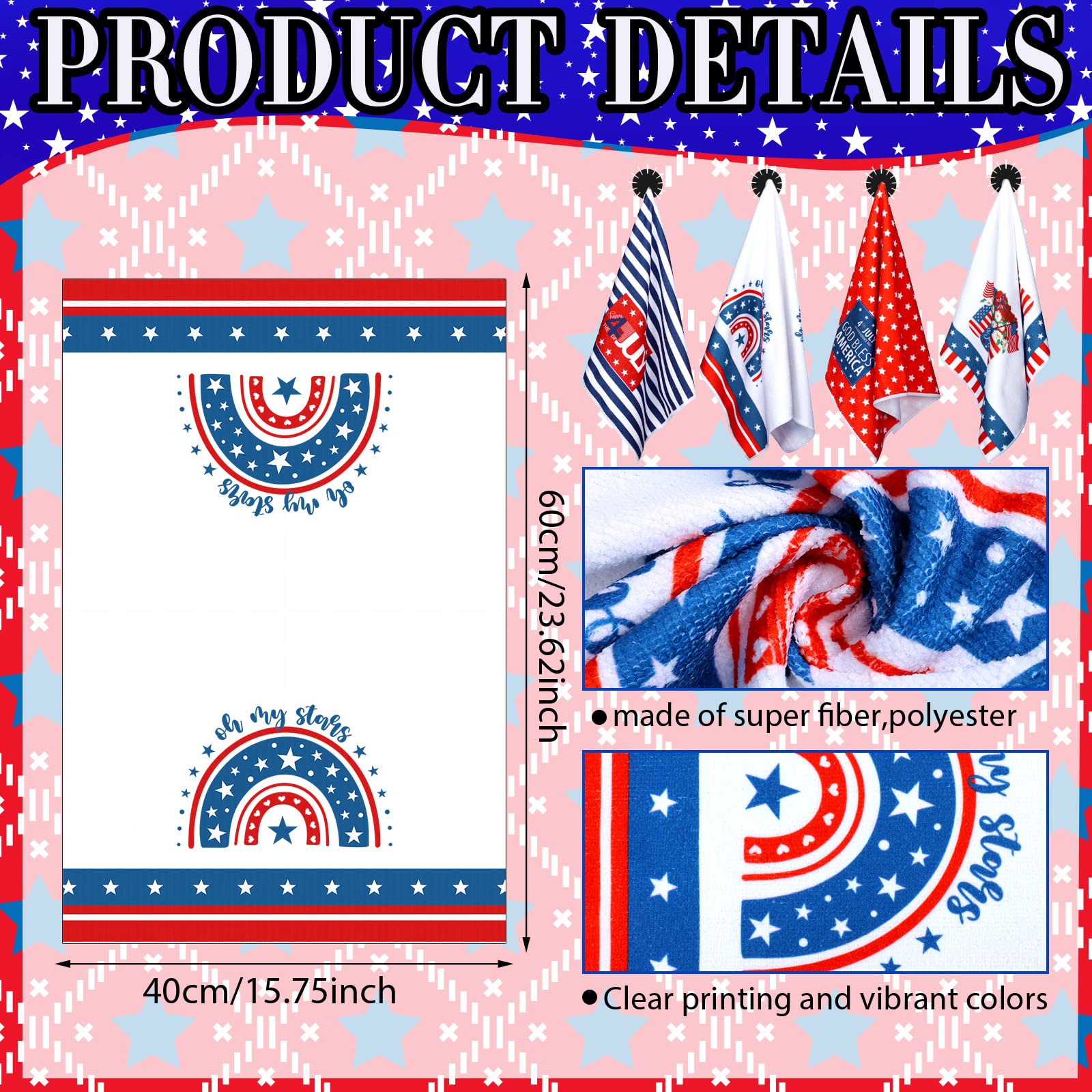 American Flag Stars Stripes Kitchen Dish Towels 15.8 x 23.6 Inch 4th of July Patriotic Dishcloth Red Blue White Tea Towel Decorative Hand Towel for Bathroom Baking Independence Day Gift Set of 4