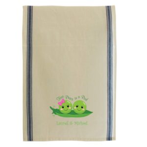 Personalized Custom Text Inspiration Two Peas in a Pod Cotton Canvas Kitchen Towel Vintage Trim - Blue Stripe