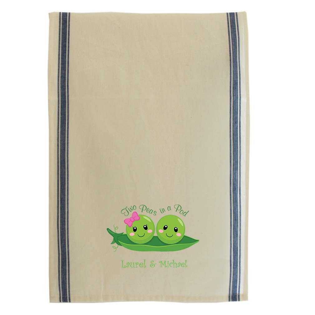 Personalized Custom Text Inspiration Two Peas in a Pod Cotton Canvas Kitchen Towel Vintage Trim - Blue Stripe