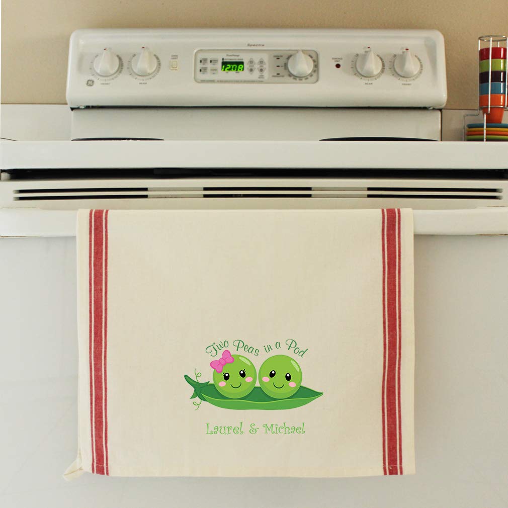 Personalized Custom Text Inspiration Two Peas in a Pod Cotton Canvas Kitchen Towel Vintage Trim - Blue Stripe