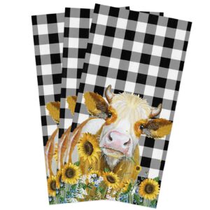 chees d zone kitchen towels cotton dish towel,farm animals cute cow country yellow sunflower green plants soft dishcloth absorbent tea towel,retro black plaid reusable washable hand towels 3 pack
