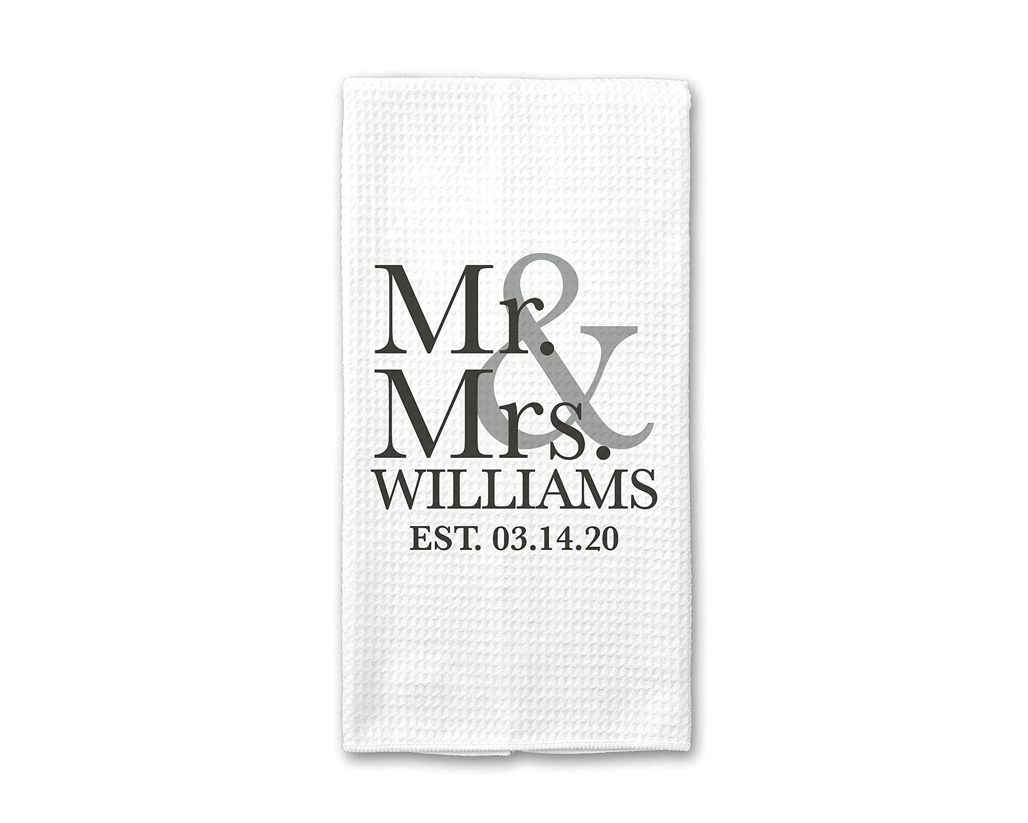 CANARY ROAD Mr. & Mrs. Kitchen Towel | Wedding Waffle Weave Dish Towel | Personalized Kitchen Towel | Housewarming Gift | Wedding Gift | Personalized Dish Towel | Bridal Shower Gift