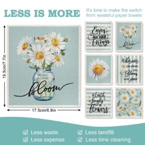 AnyDesign Daisy Flower Swedish Kitchen Dishcloth Blue Spring Summer Floral Kitchen Towel Daisy Stripes Cotton Absorbent Dish Towel for Housewarming Cleaning Wipes, 6Pcs, 7 x 8 Inch