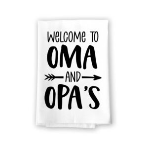 honey dew gifts, welcome to oma and opa's, flour sack dish towels, 27 inch by 27 inch, 100% cotton, multi-purpose towels, gigi gifts, grandma towel, nana gifts, opa gifts, oma gifts