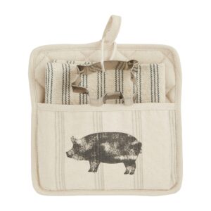 mud pie farm pot holder & towel set, pig, 8" x 8"