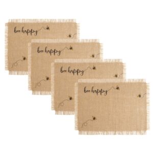 elrene home fashions farmhouse living bee happy burlap placemats, set of 4, 13" x 19", multi 4 count