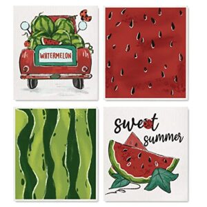 anydesign watermelon swedish kitchen dishcloth summer cotton kitchen towel fruit truck dish towels reusable absorbent cleaning dish cloths for housewarming cleaning wipes, 4pcs, 7 x 8 inch