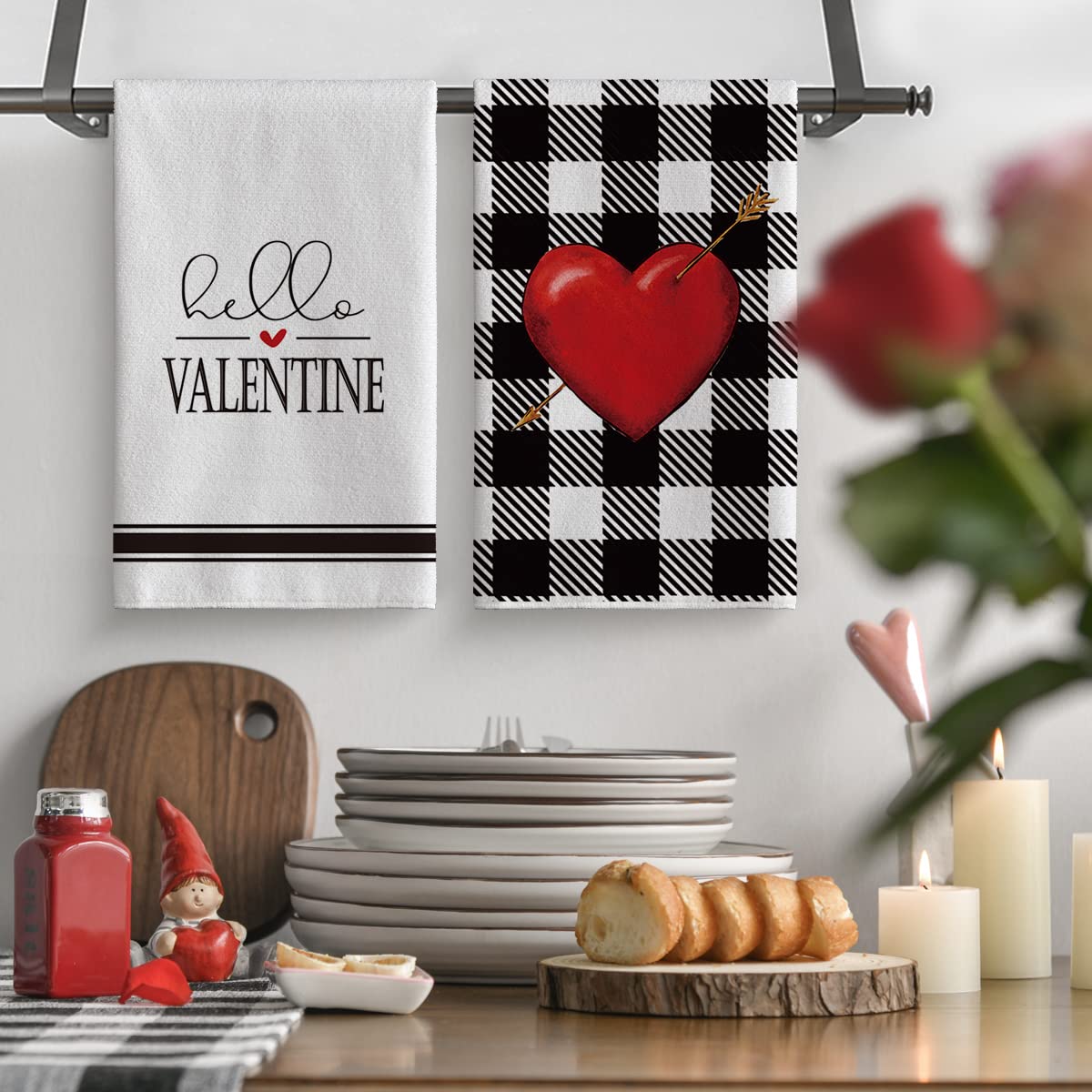 Artoid Mode Buffalo Plaid Arrow Heart Love You More Love You Most Valentine's Day Home Kitchen Towels, 18 x 26 Inch Holiday Ultra Absorbent Drying Cloth Dish Towels for Cooking Baking Set of 2