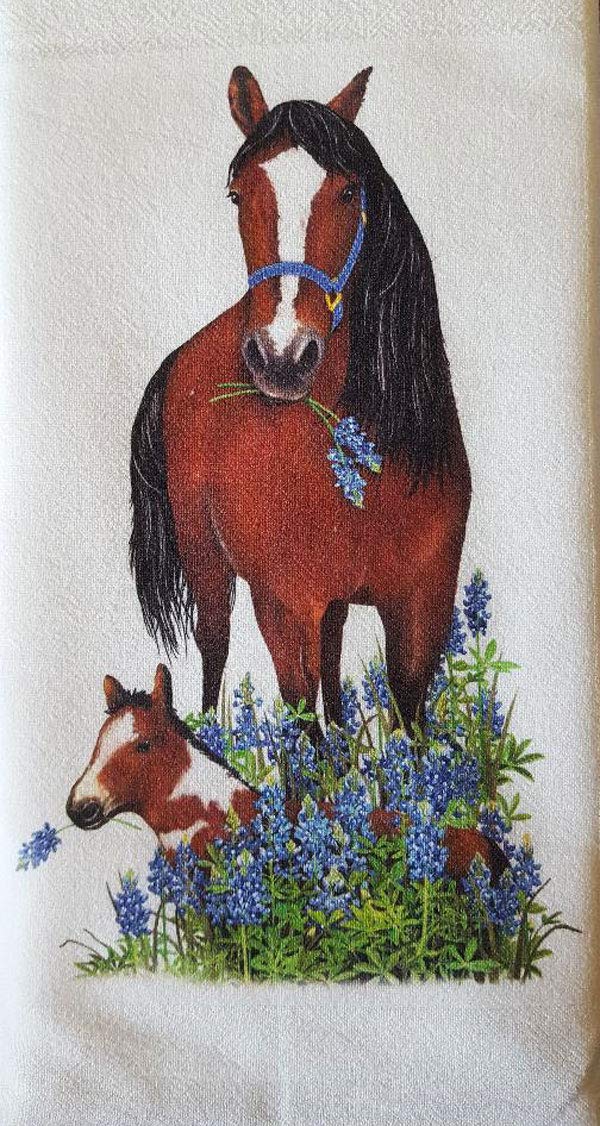 Mary Lake Thompson Bluebonnet Horses 100% Cotton Flour Sack Dish Tea Towel 30" x 30"